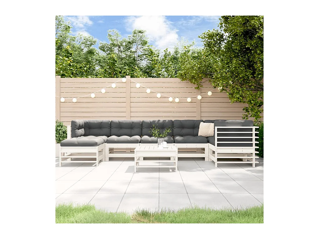 Set Divani da Giardino 8pz con Cuscini in Legno Massello Bianco