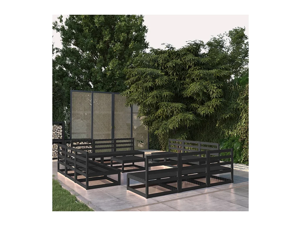 Salon de jardin 13 pcs noir bois de pin massif