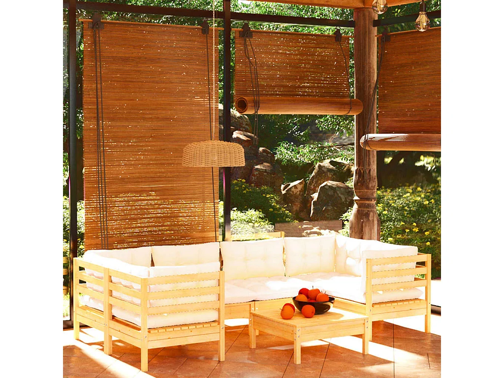 Salon de jardin 7 pcs avec coussins crème bois de pin