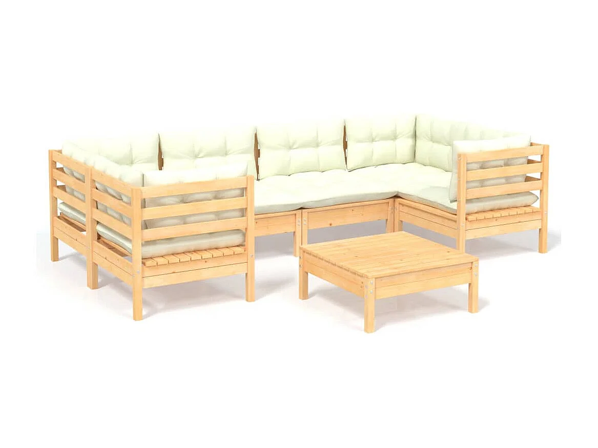 Salon de jardin 7 pcs avec coussins crème bois de pin