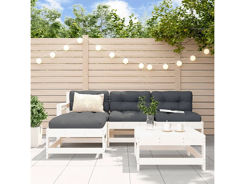 Set Divani da Giardino 5pz con Cuscini in Legno Massello Bianco