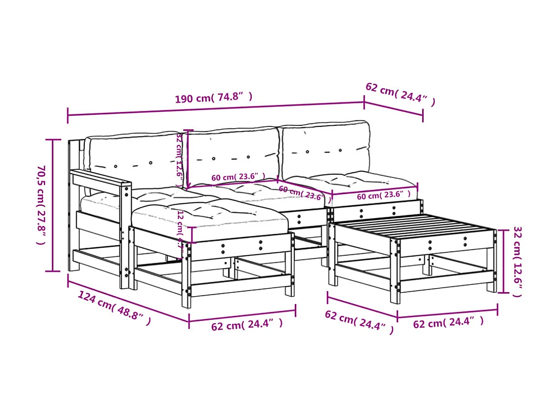 Set Divani da Giardino 5pz con Cuscini in Legno Massello Bianco