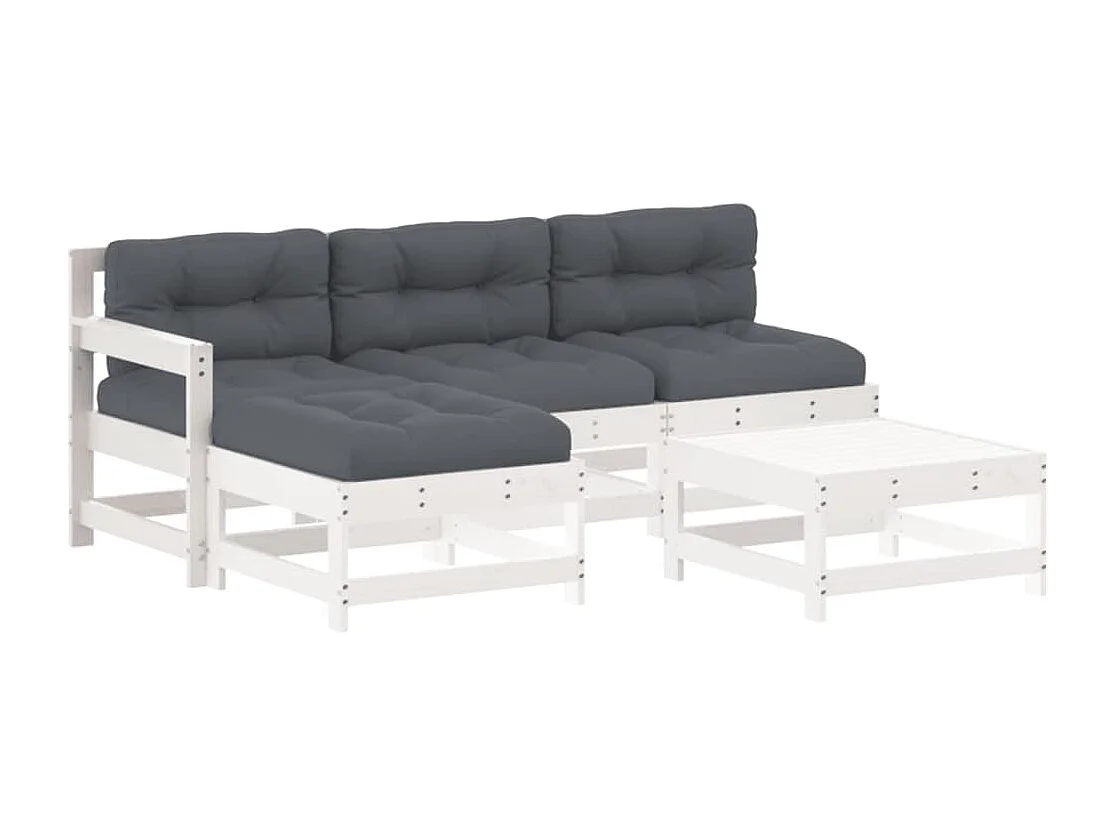 Salon de jardin 5 pcs avec coussins blanc bois massif