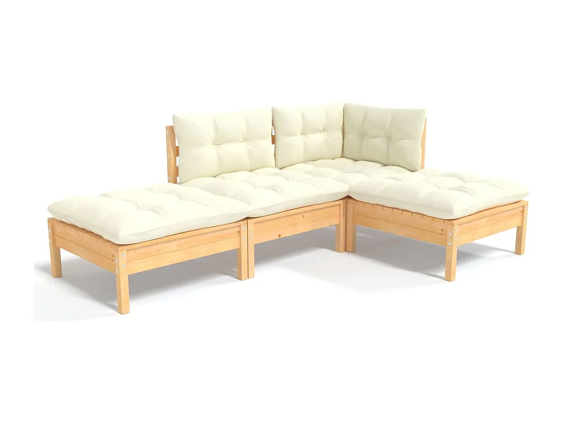 4 pcs conjunto lounge jardim c/ almofadões creme pinho maciço