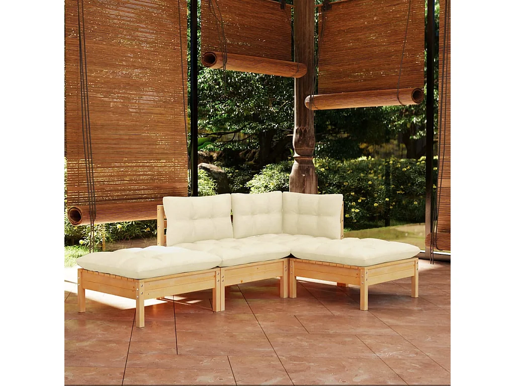 Set Divani da Giardino 4 pz con Cuscini Crema Massello di Pino