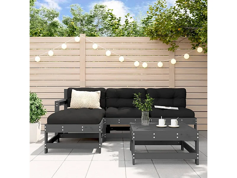 5-tlg. Garten-Lounge-Set mit Kissen Grau Massivholz