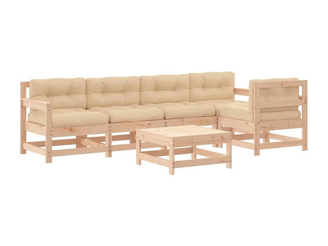 Salon de jardin 6 pcs avec coussins bois massif