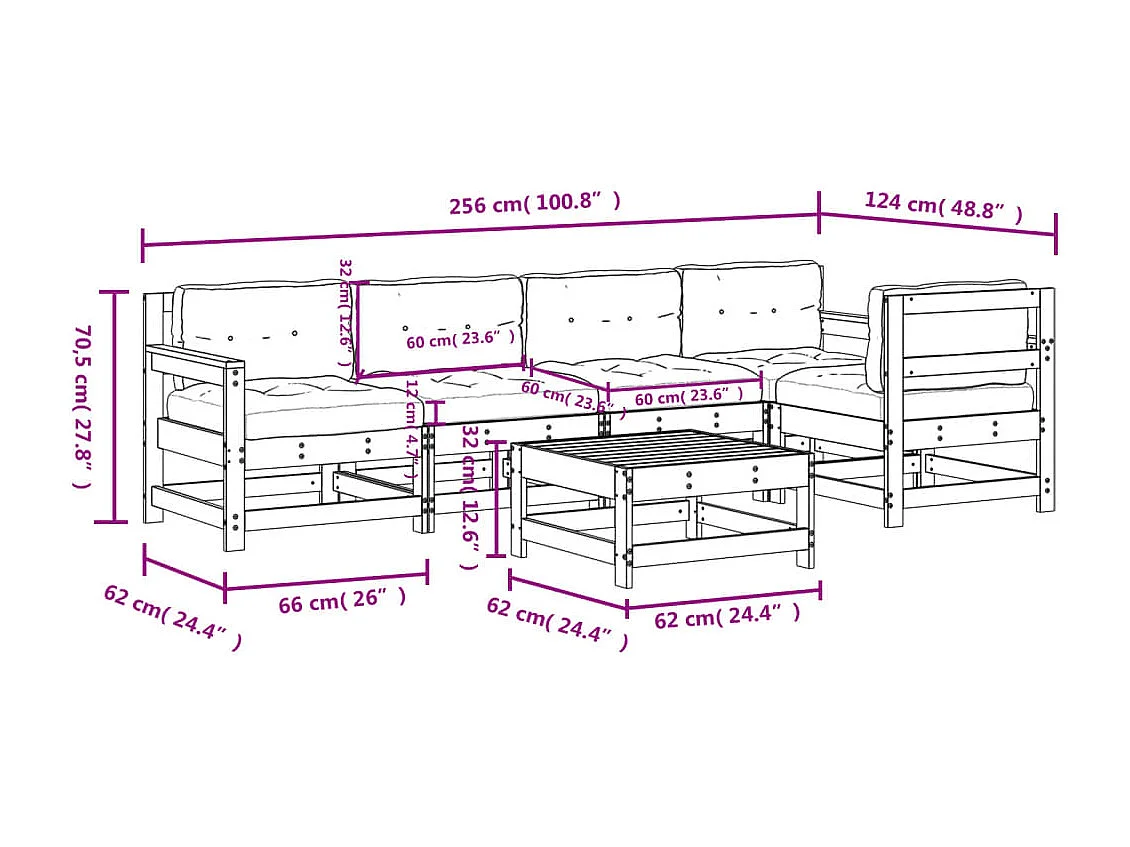 Salon de jardin 6 pcs avec coussins bois massif