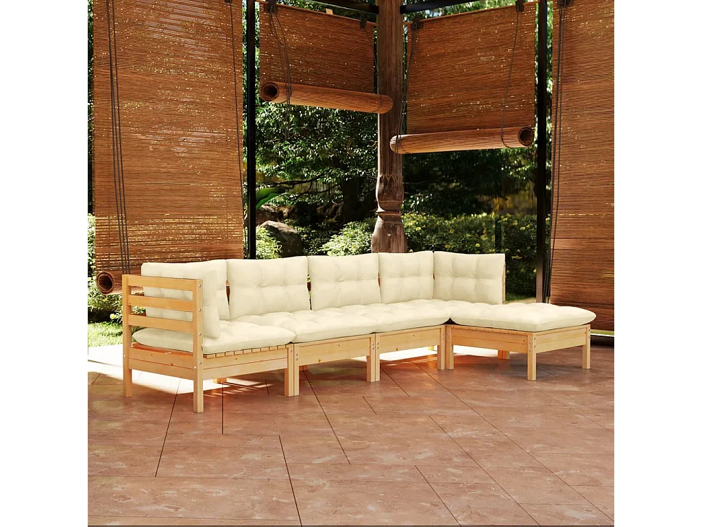 Salon de jardin 5 pcs avec coussins crème bois de pin