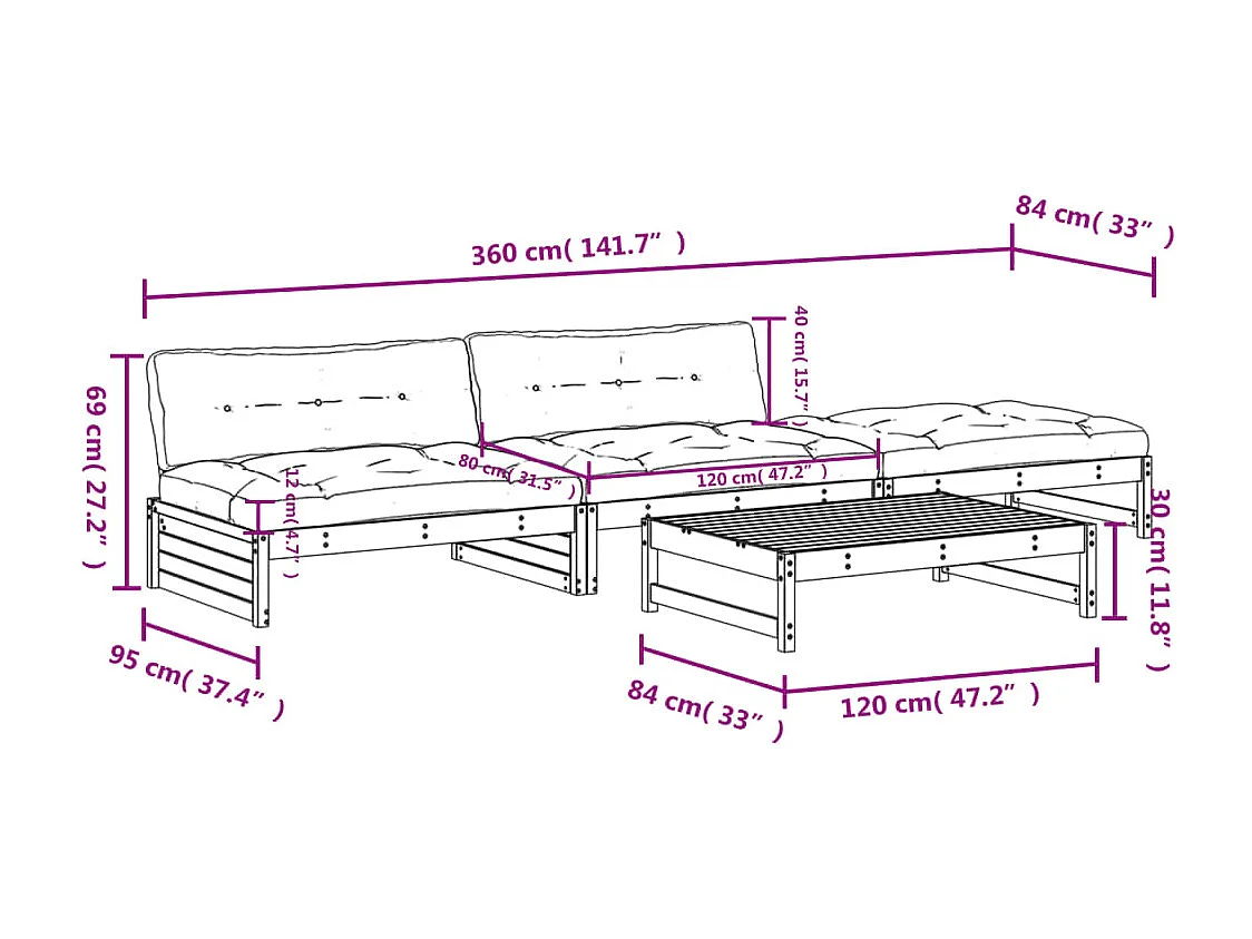 4-tlg. Garten-Lounge-Set mit Kissen Honigbraun Massivholz