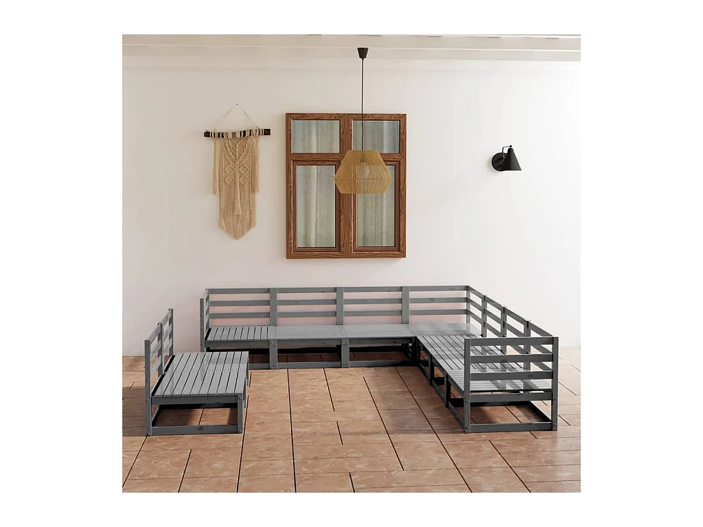 Set Divani da Giardino 9 pz Grigi in Legno Massello di Pino