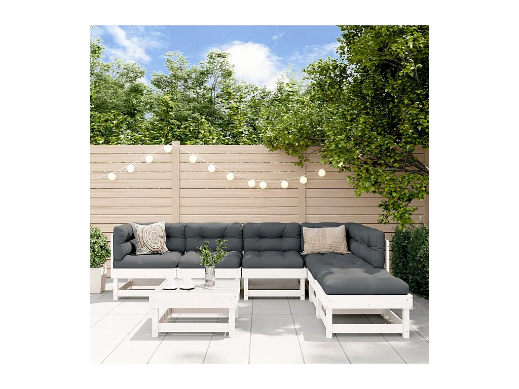 7-tlg. Garten-Lounge-Set mit Kissen Weiß Massivholz