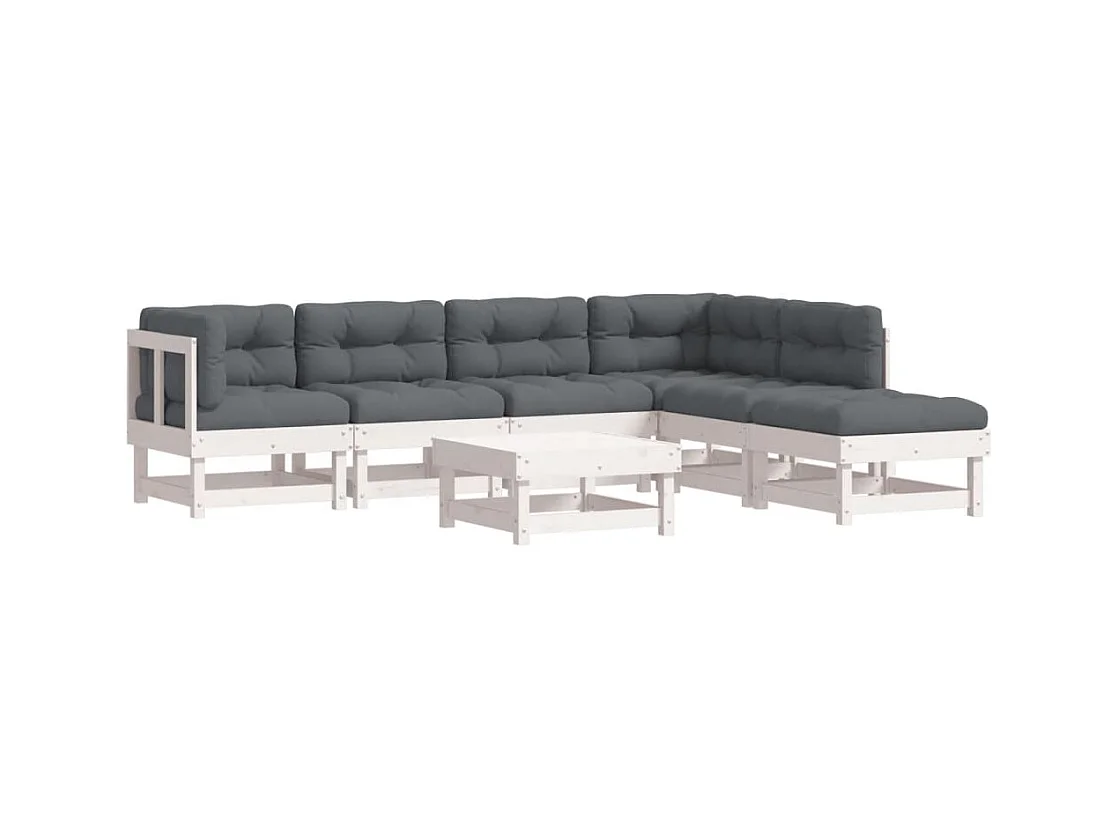 Set Divani da Giardino 7pz con Cuscini in Legno Massello Bianco