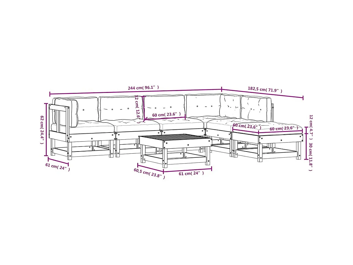 Set Divani da Giardino 7pz con Cuscini in Legno Massello Bianco