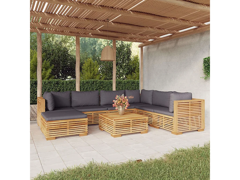 8 pcs conjunto lounge jardim c/ almofadões madeira teca maciça