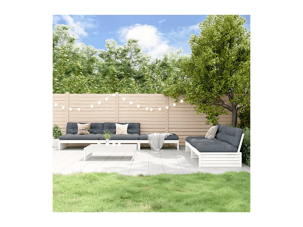6-tlg. Garten-Lounge-Set mit Kissen Weiß Massivholz