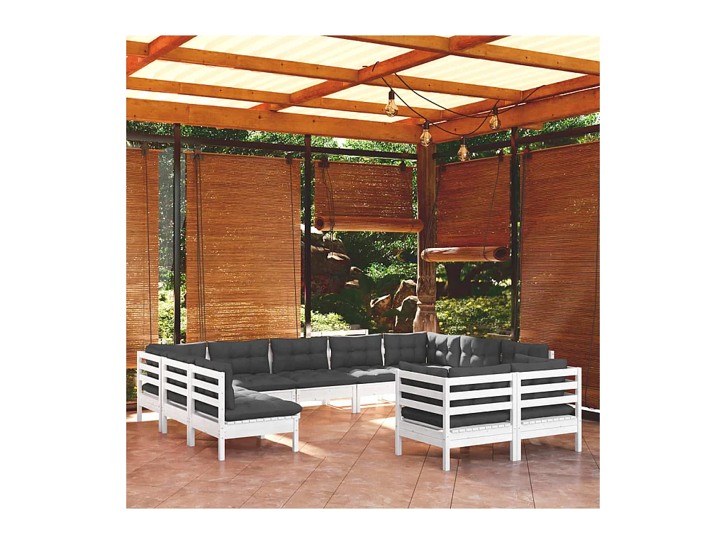 Muebles de jardín 11 pzas y cojines blanco madera maciza pino