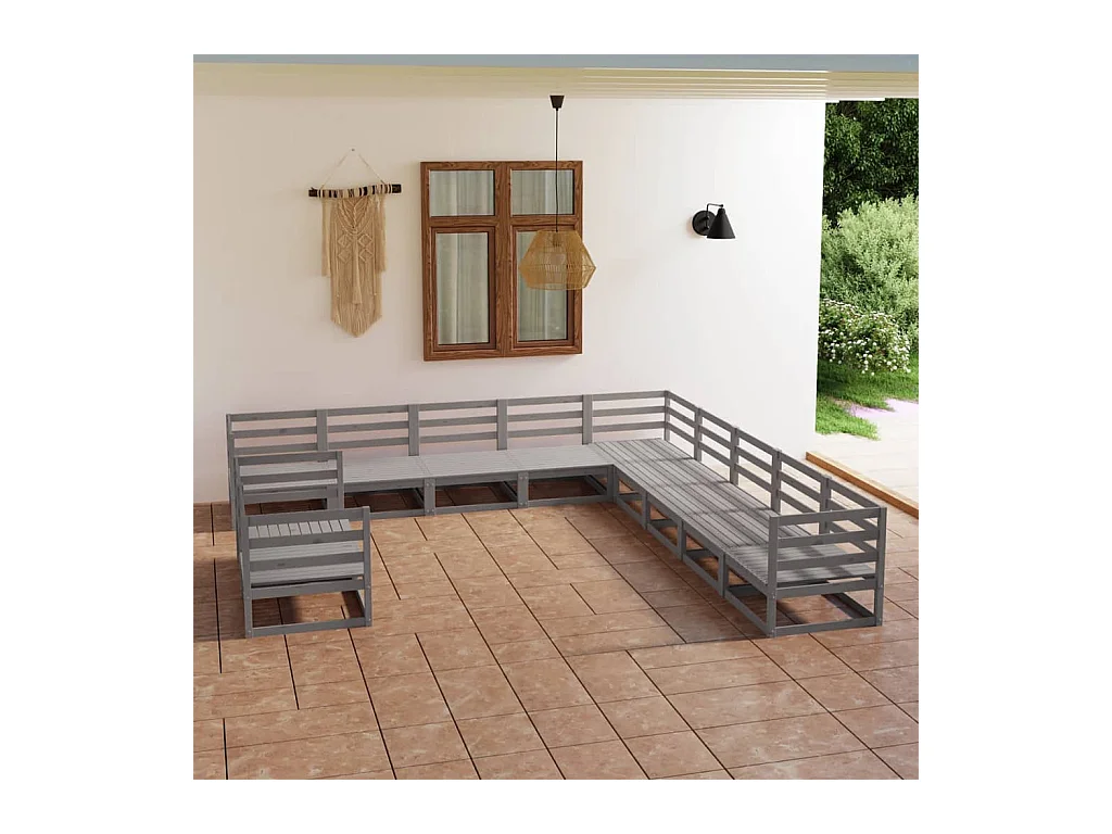 Salon de jardin 11 pcs gris bois de pin massif