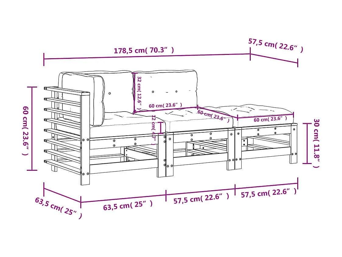 Set Divani da Giardino 3 pz con Cuscini in Legno Massello ambra