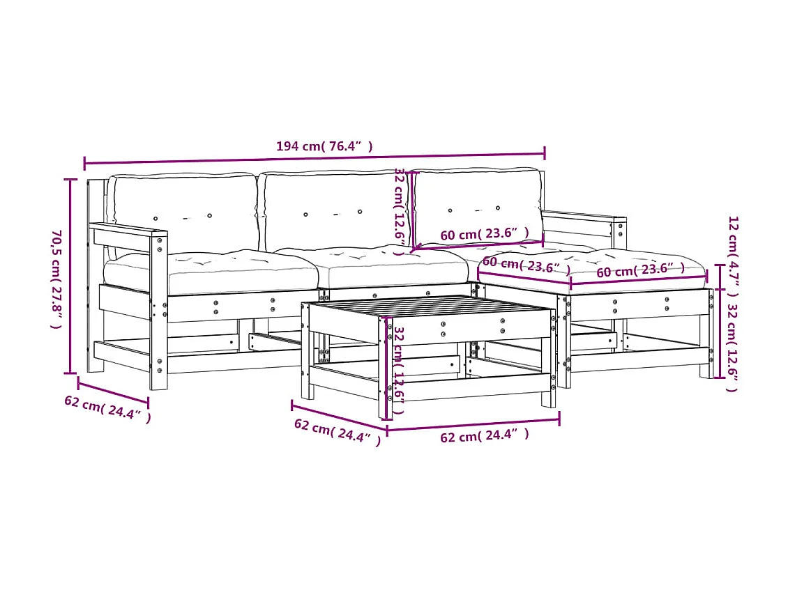 Set Divani da Giardino 5pz con Cuscini Legno Impregnato di Pino