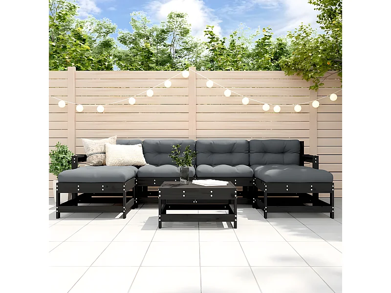 7-tlg. Garten-Lounge-Set mit Kissen Schwarz Massivholz