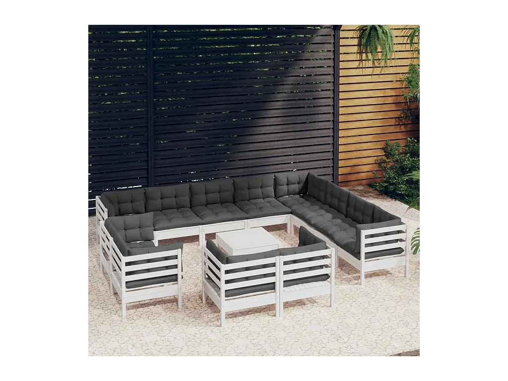 Salon de jardin 13 pcs avec coussins blanc bois de pin solide