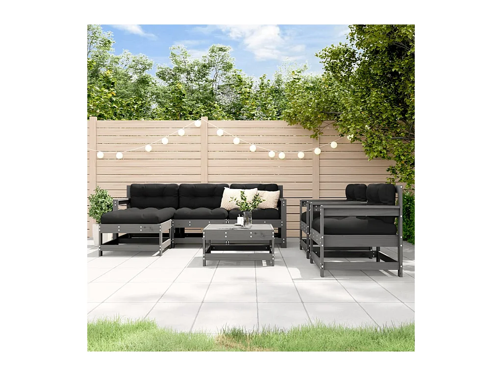 7-delige Loungeset met kussens massief hout grijs