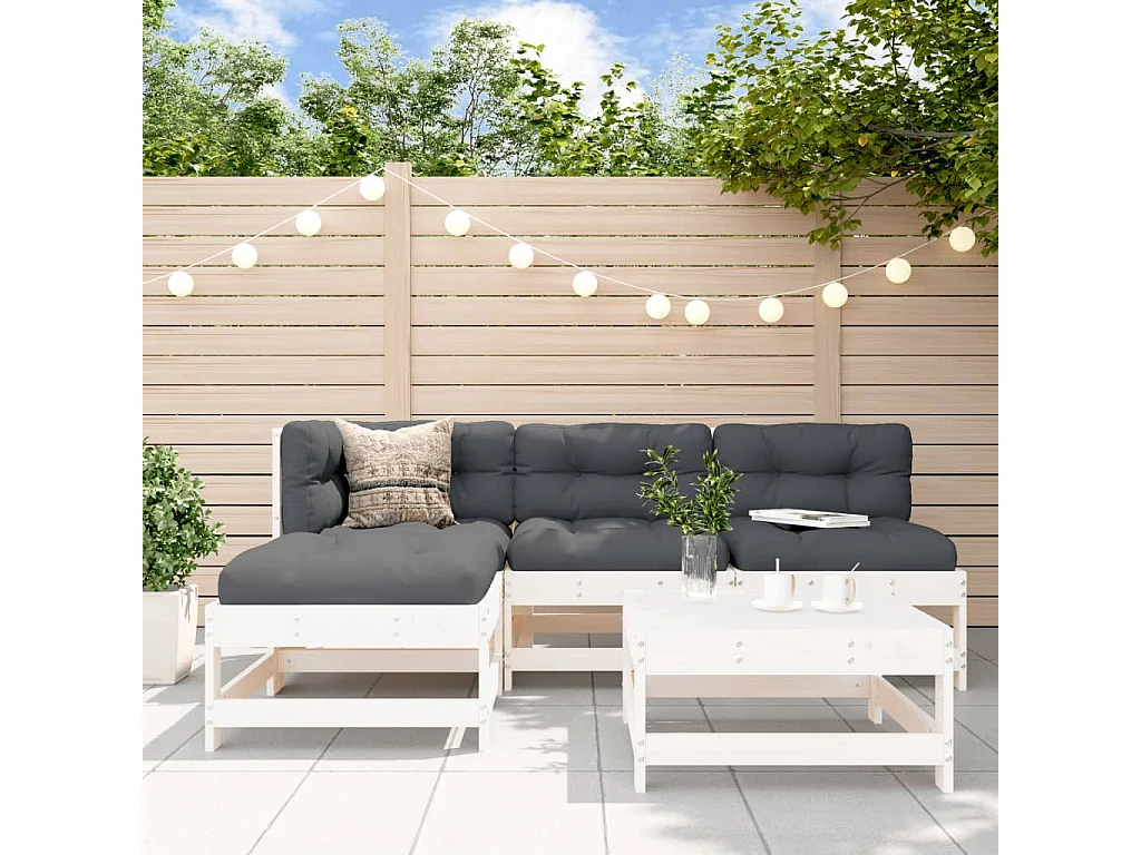 5-tlg. Garten-Lounge-Set mit Kissen Weiß Massivholz