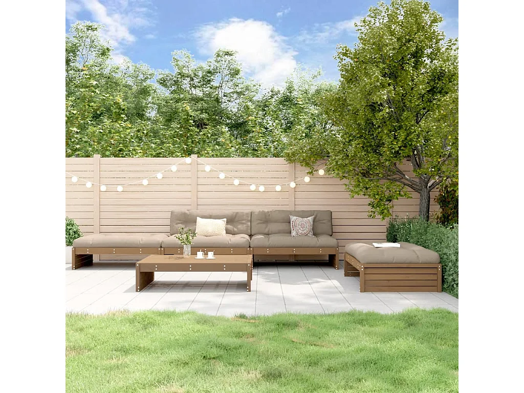 Salon de jardin 5 pcs avec coussins marron miel bois massif