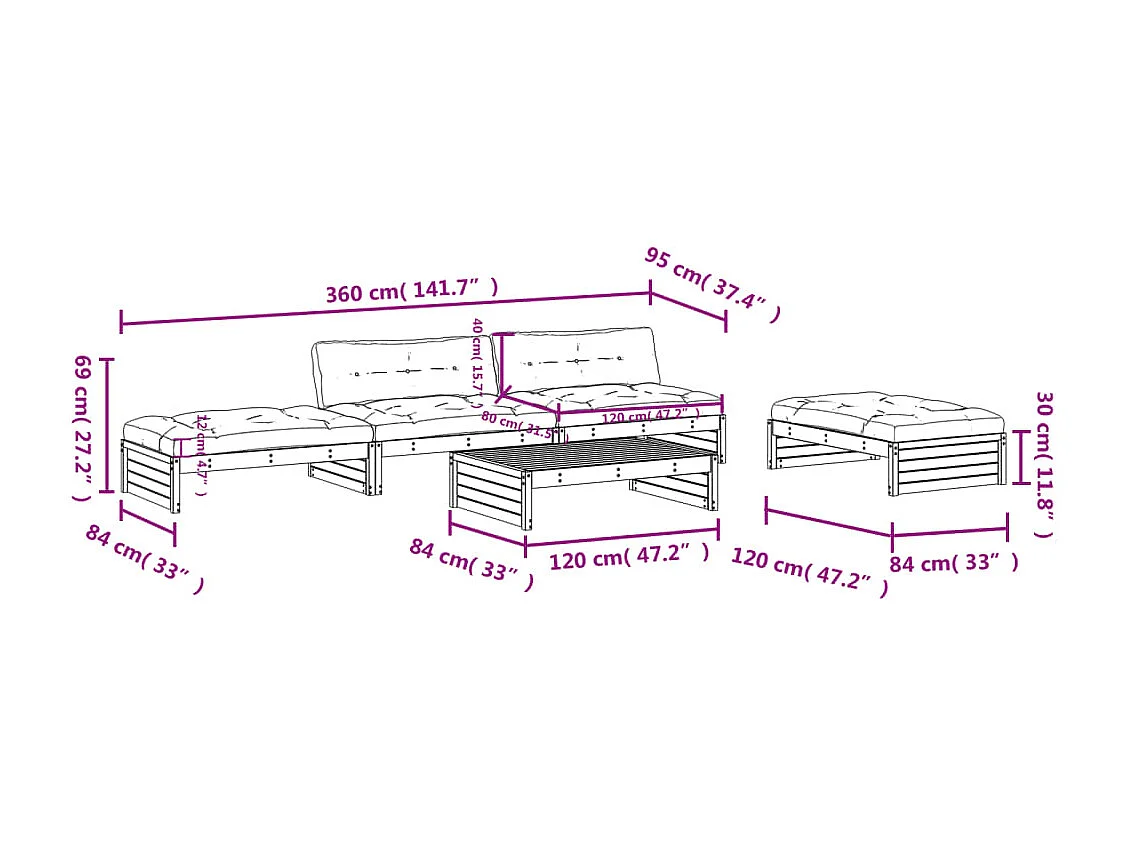 Salon de jardin 5 pcs avec coussins marron miel bois massif