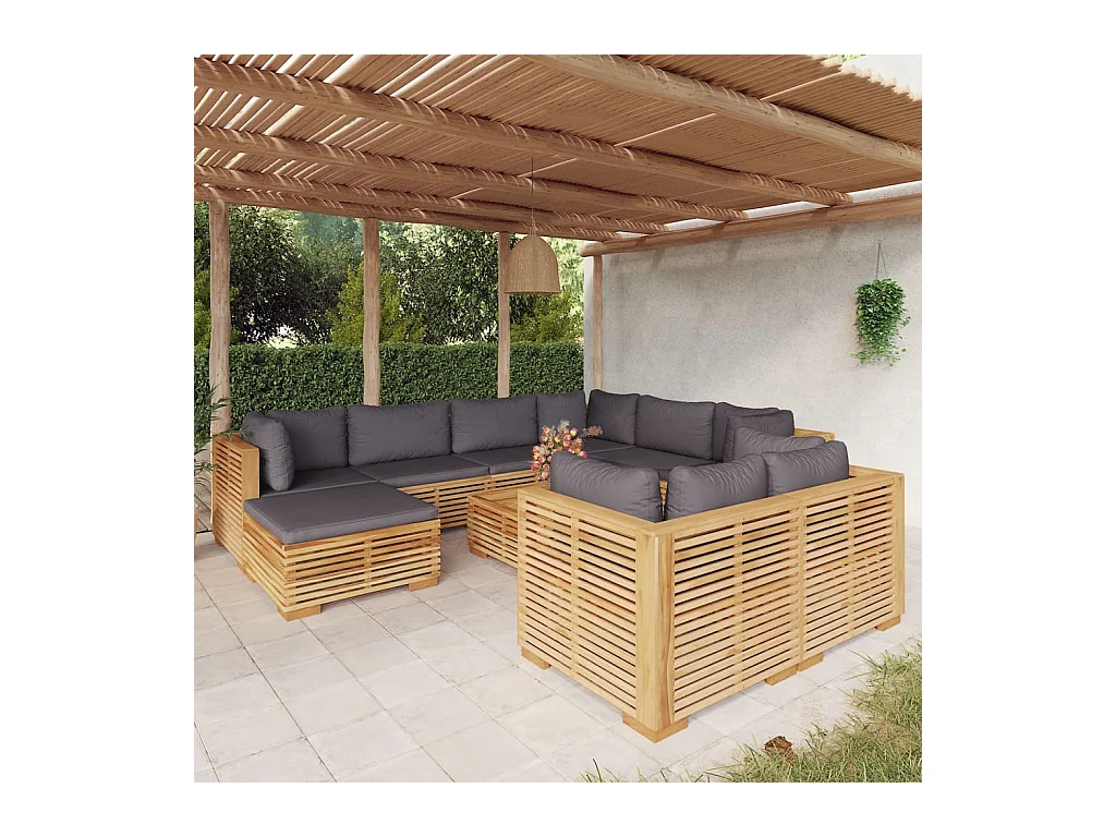 Salon de jardin 10 pcs avec coussins Bois de teck solide