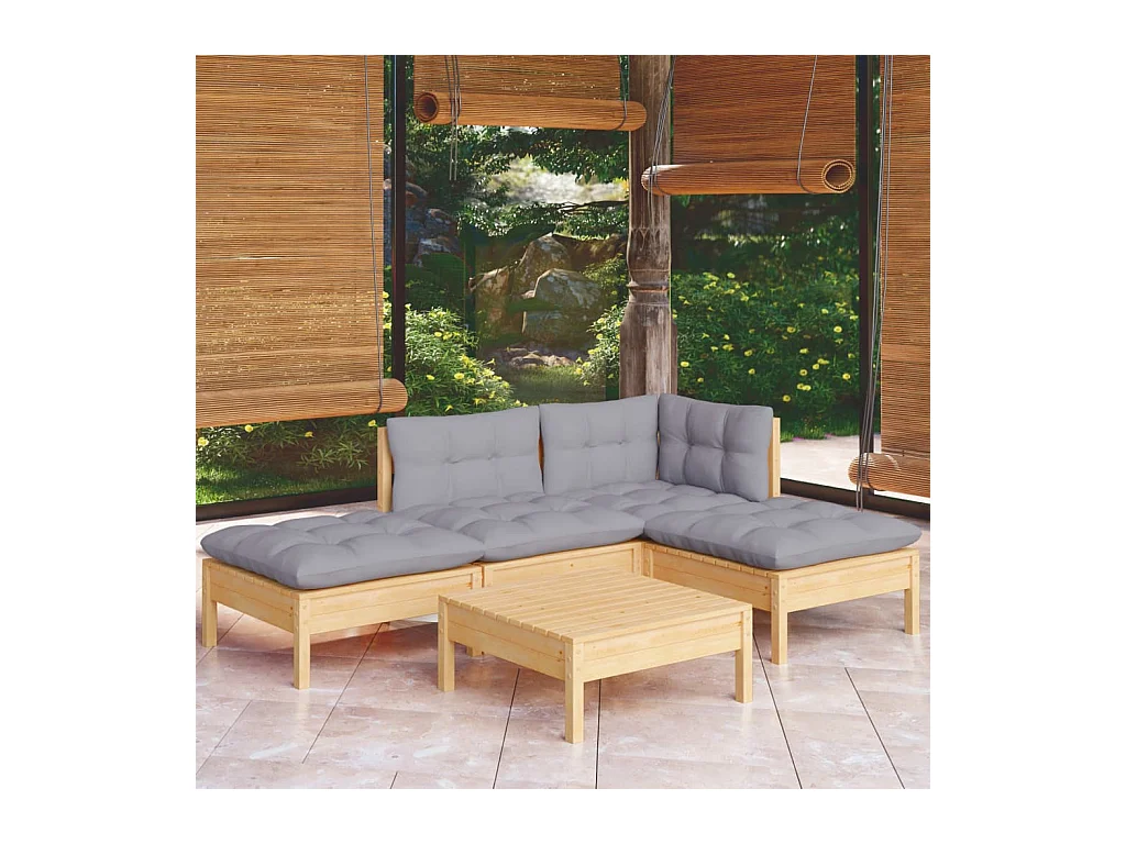 Salon de jardin 5 pcs avec coussins gris bois de pin