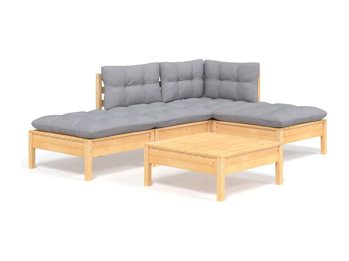 Salon de jardin 5 pcs avec coussins gris bois de pin