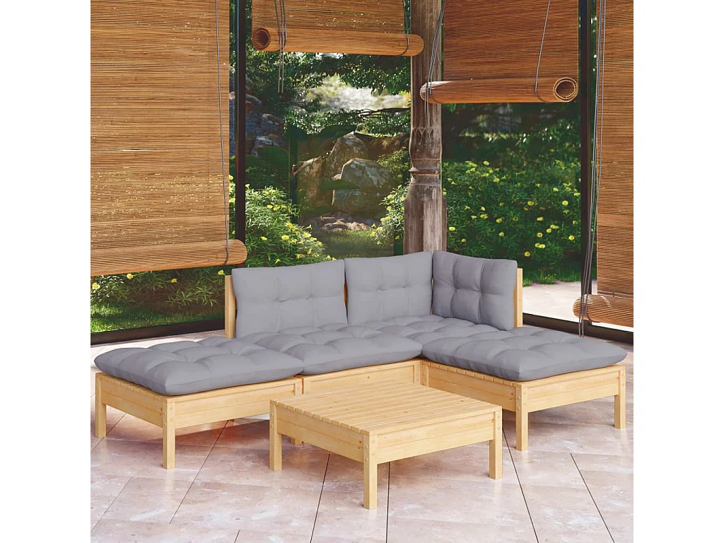 Salon de jardin 5 pcs avec coussins gris bois de pin