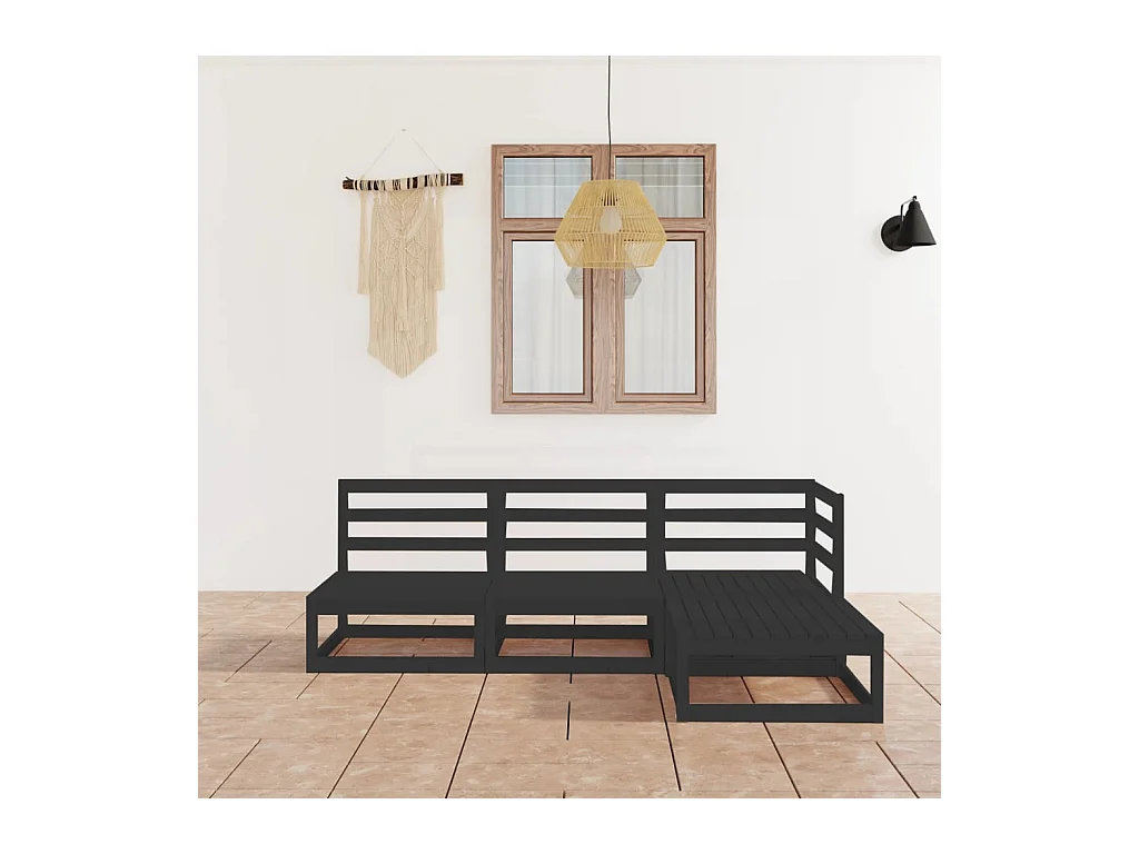 Set Divani da Giardino 4 pz Nero in Legno Massello di Pino