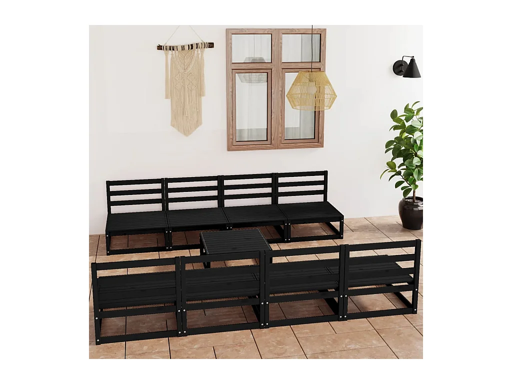 Set Divani da Giardino 9 pz Nero in Legno Massello di Pino