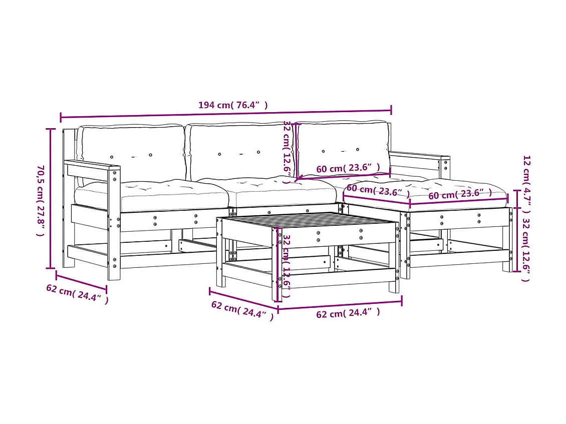 5-delige Loungeset met kussens massief hout