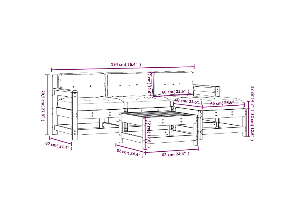 Salon de jardin 5 pcs avec coussins bois massif