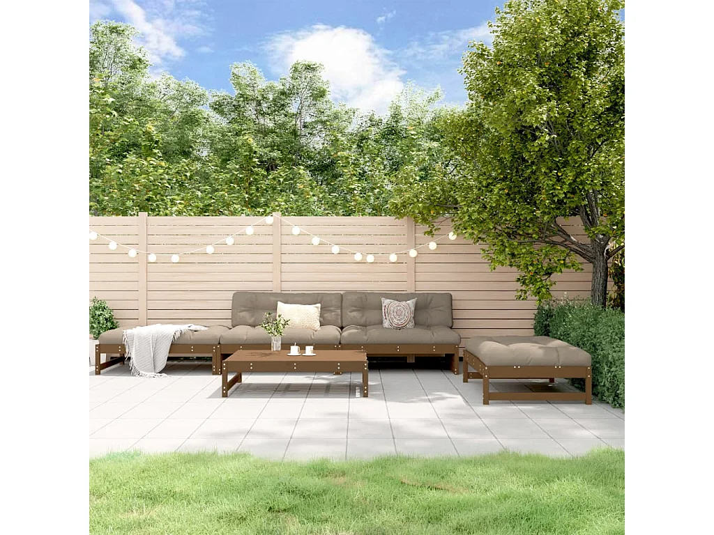 Salon de jardin 5 pcs avec coussins marron miel bois massif