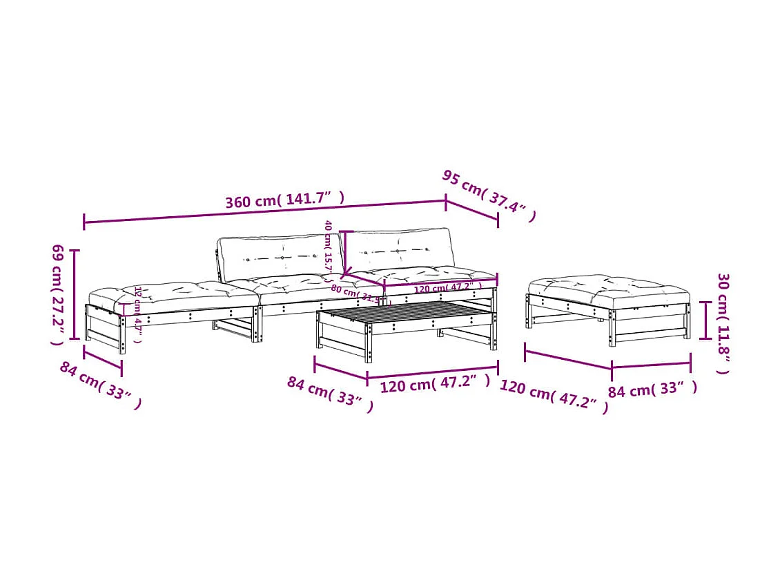 Salon de jardin 5 pcs avec coussins marron miel bois massif