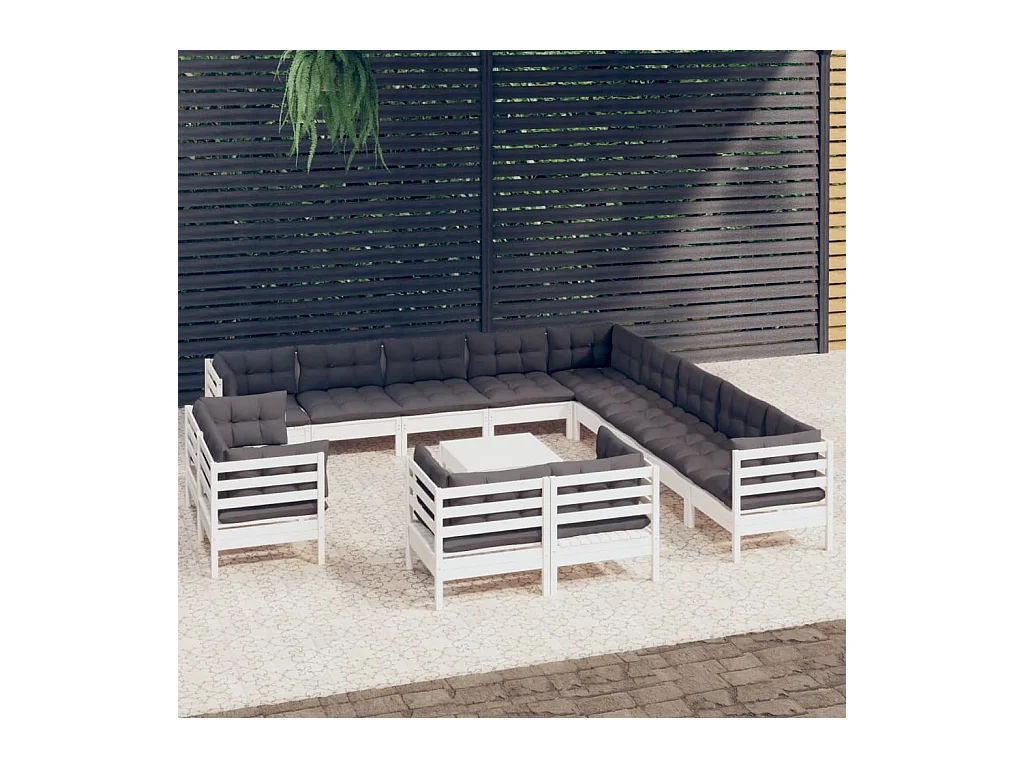 Salon de jardin 14 pcs avec coussins blanc bois de pin solide
