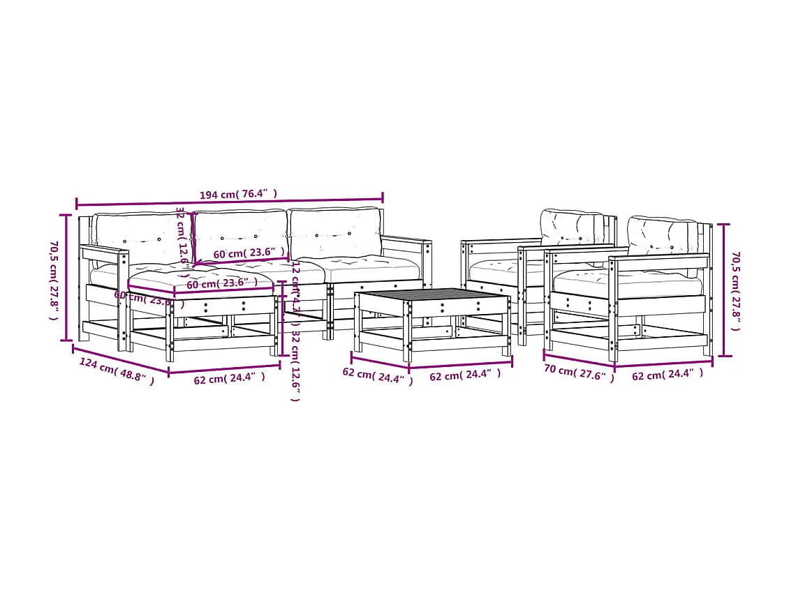7-delige Loungeset met kussens massief hout wit