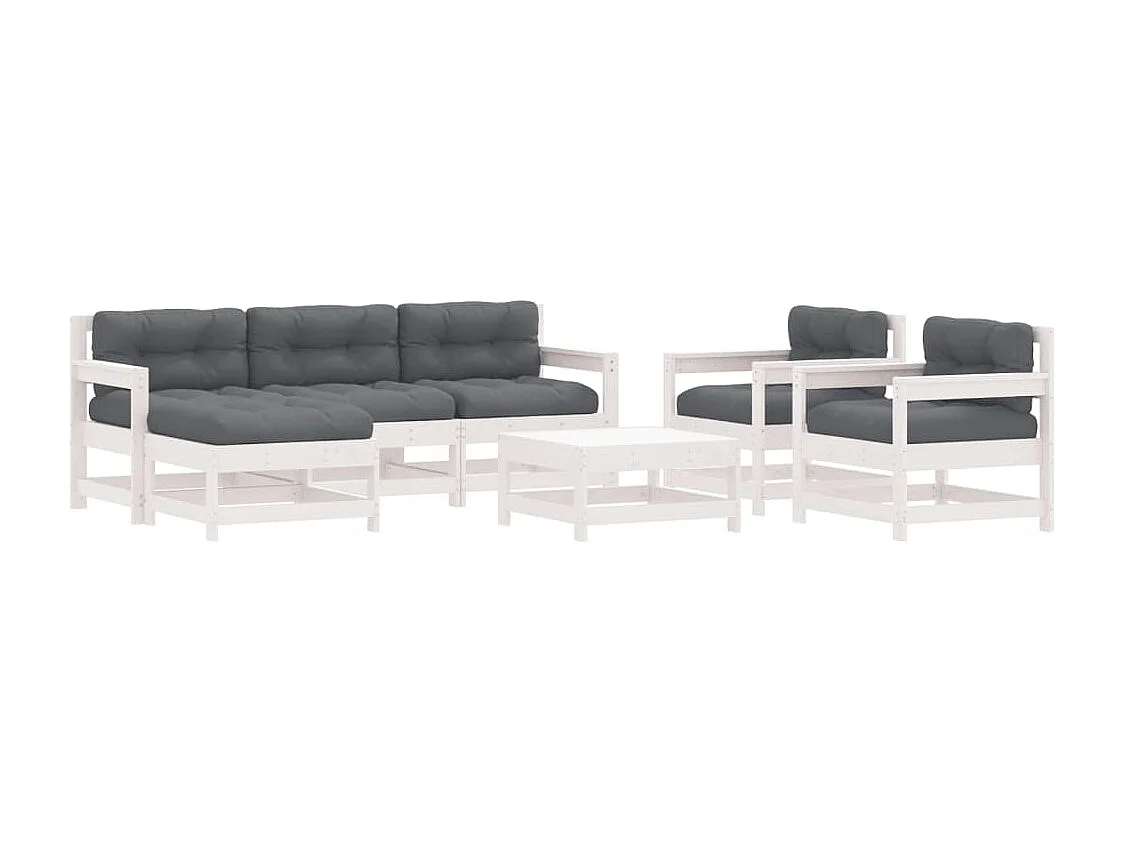 Juego de muebles jardín 7 piezas y cojines madera maciza blanco