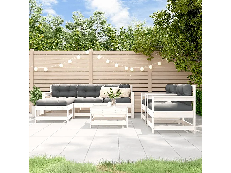 7pcs conjunto lounge jardim c/ almofadões madeira maciça branco