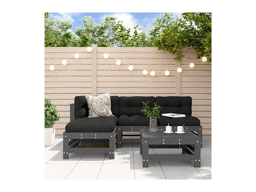 Set Divani da Giardino 5pz con Cuscini in Legno Massello Grigio