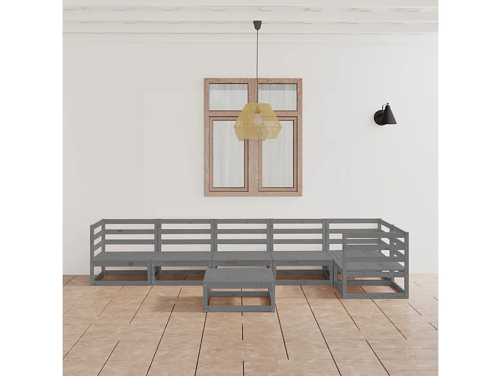 Set Divani da Giardino 7 pz Grigio in Legno Massello di Pino