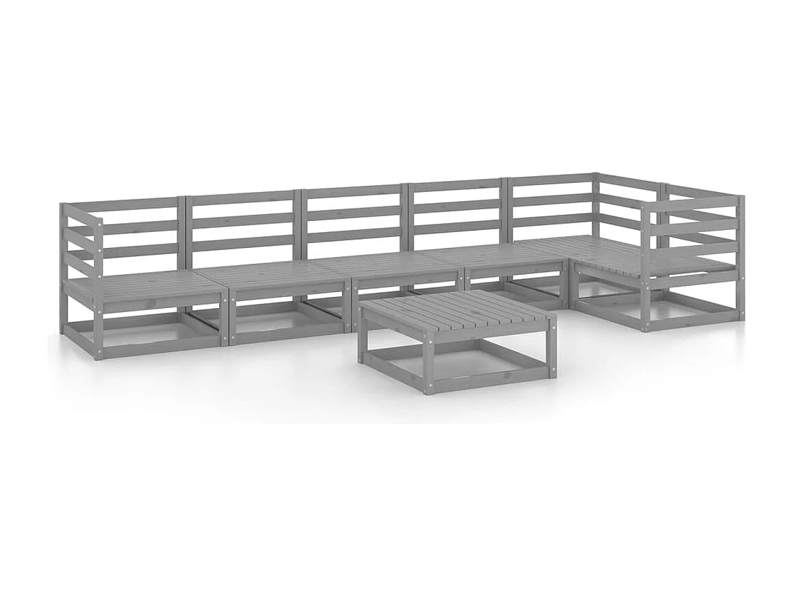 Set Divani da Giardino 7 pz Grigio in Legno Massello di Pino
