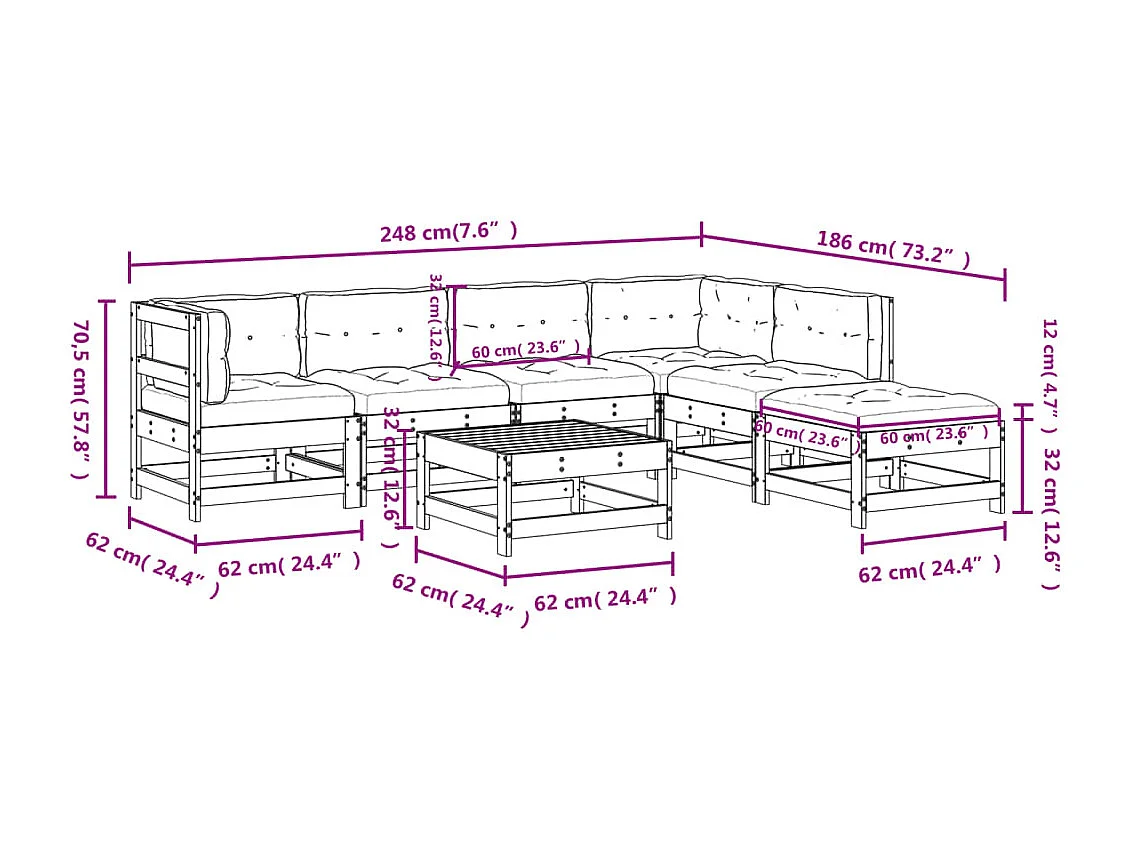 7 pcs conjunto lounge jardim c/ almofadões madeira maciça