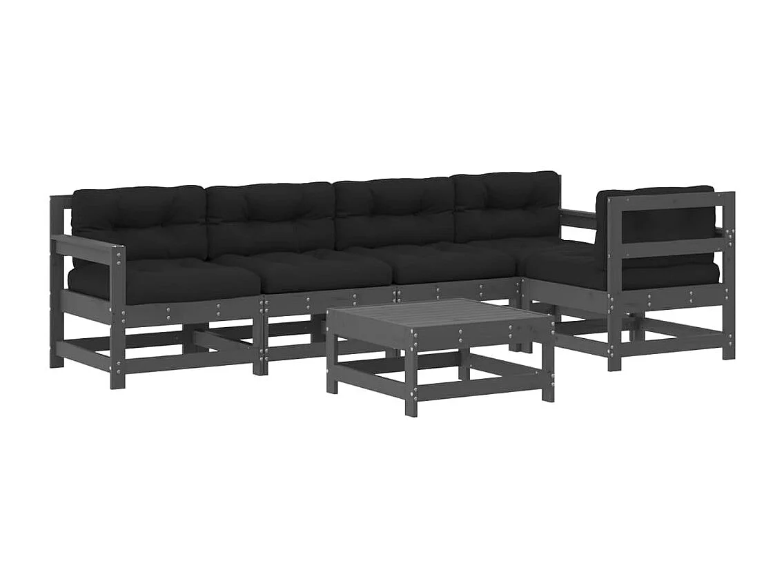 6 pcs conjunto lounge jardim c/ almofadões madeira maciça cinza