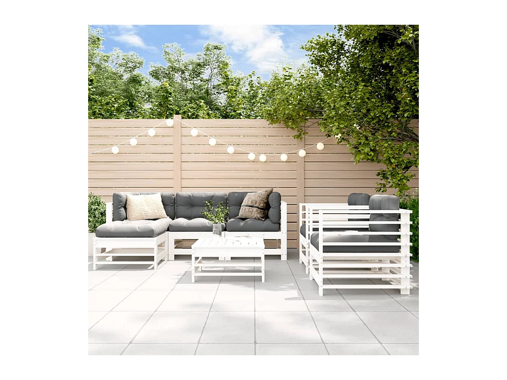 Salon de jardin 7 pcs Blanc Bois de pin massif